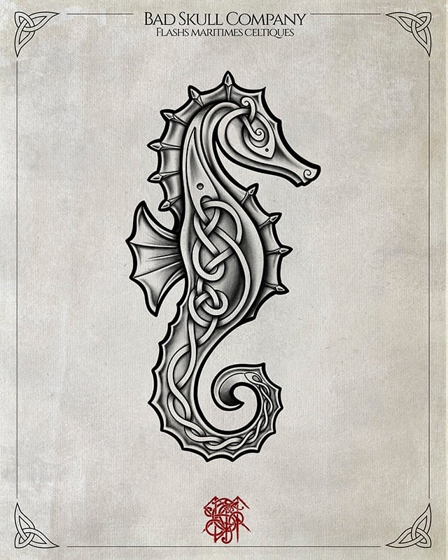 Celtic seahorse tattoo design featuring intricate knotwork and monochrome shading.