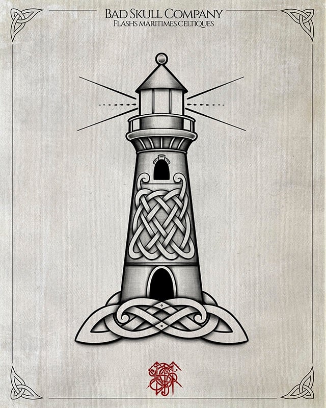 Celtic lighthouse tattoo flash design featuring intricate knots and nautical symbolism.