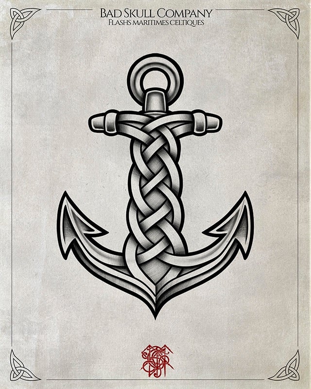 Traditional Celtic knot anchor tattoo flash art illustration in black and grey ink.