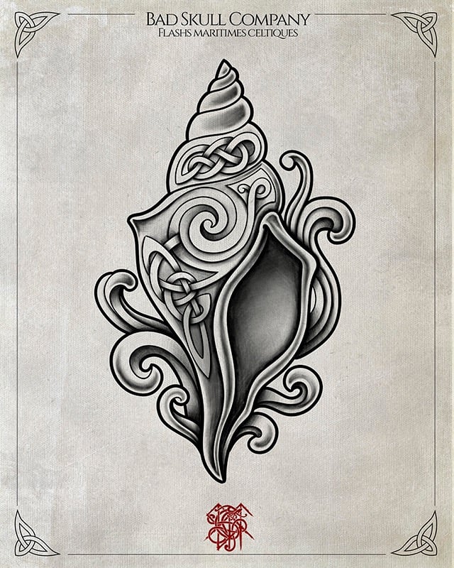 Celtic knot seashell tattoo flash art featuring intricate spirals and nautical maritime designs.