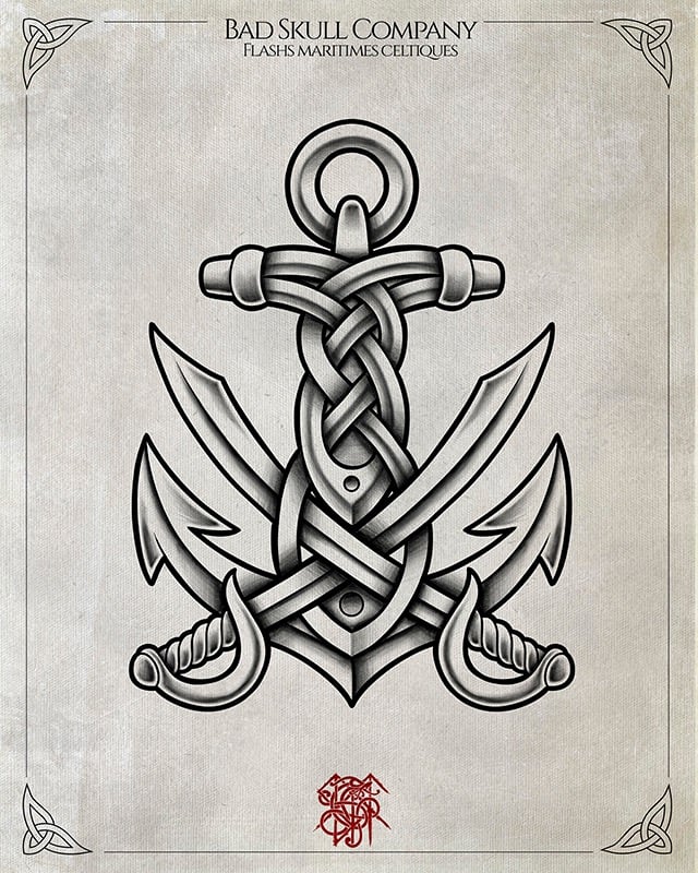 Traditional Celtic knot anchor tattoo flash art featuring crossed pirate cutlass swords in black and grey.