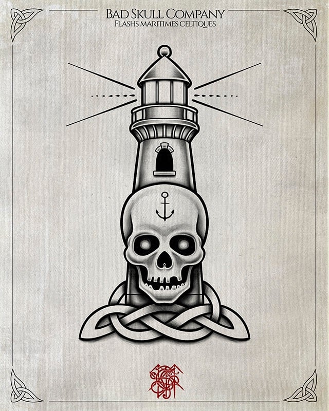 Nautical lighthouse tattoo flash featuring a human skull, anchor, and Celtic knot in black and white.