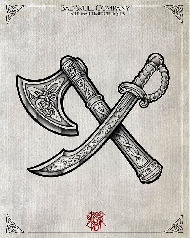 A crossed Viking axe and curved cutlass sword tattoo flash art featuring intricate Celtic knotwork designs.