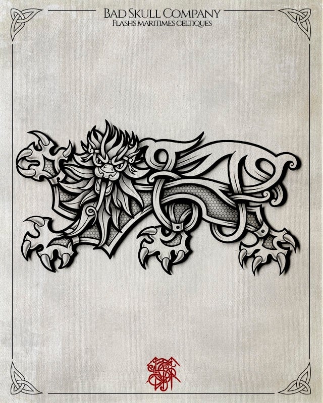 Celtic knotwork tattoo flash of a stylized lion with intricate maritime patterns and knot designs.