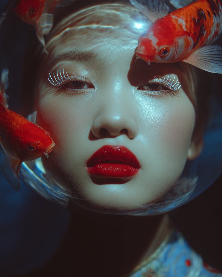 Femme en scaphandre autour de laquelle nagent des poissons