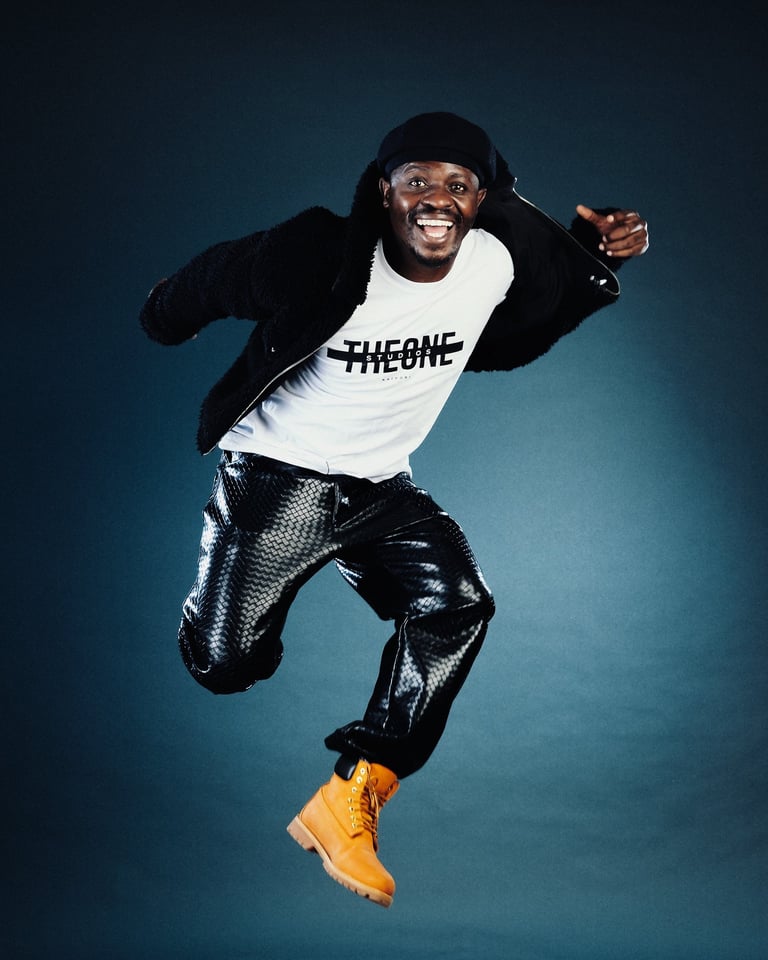 Chiluba, Kenyan dancer and founder of TheOne Studios in Nairobi, jumping in a photoshoot