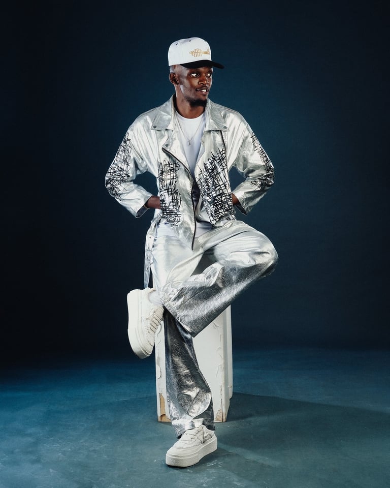 Amapiano Odi Dance and Beginner teacher Flex of TheOne Studios in Nairobi, in a shiny outfit