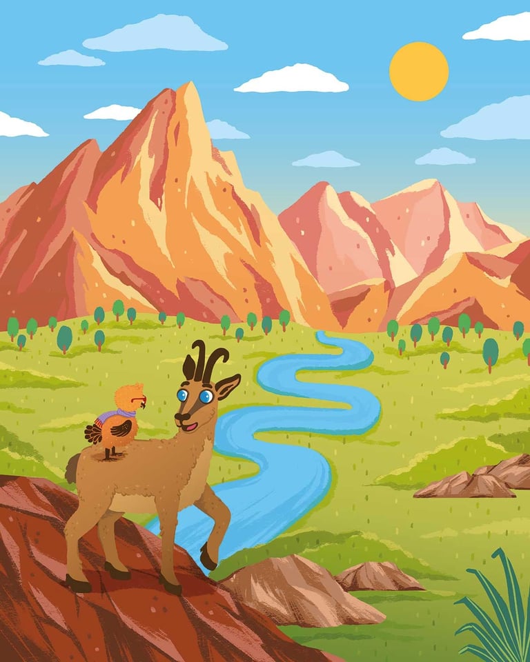 A deer with a small chick on its back in a scenic mountain landscape with a winding river.