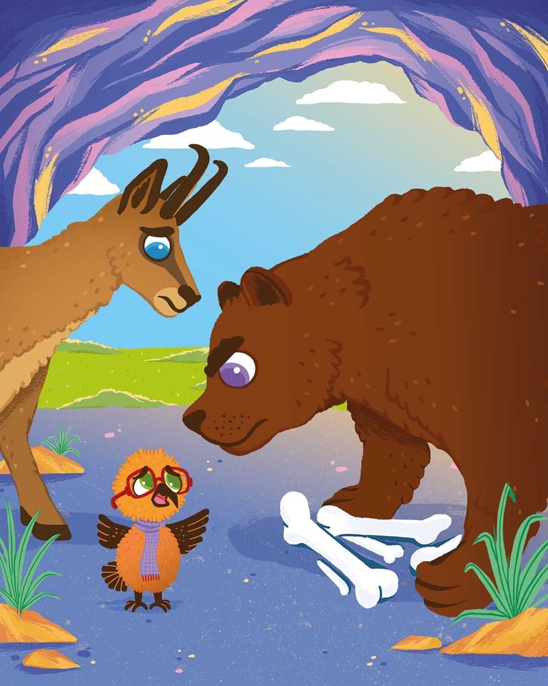 A cartoon bear, deer, and small chick with glasses standing near cave bones.