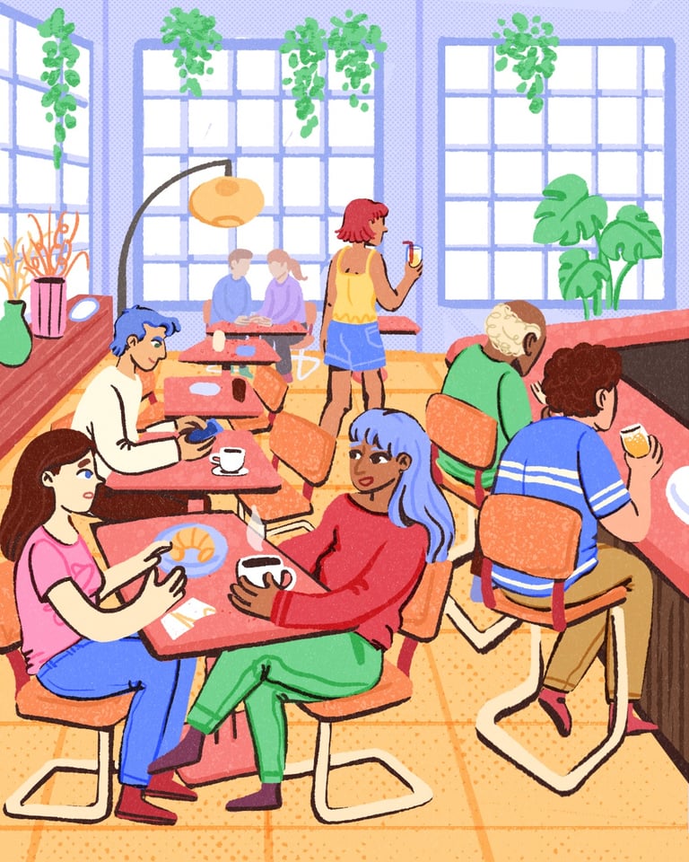 A colorful illustration of people relaxing in a modern cafe with hanging plants and large windows.