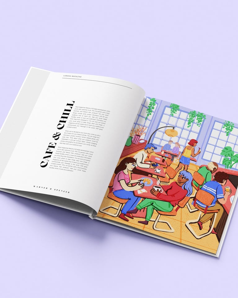 double spread showing a colorful illustration of people relaxing in a modern cafe