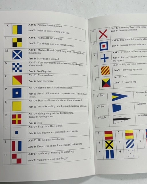 Navy Notebook opened to show a book with flags and pennants