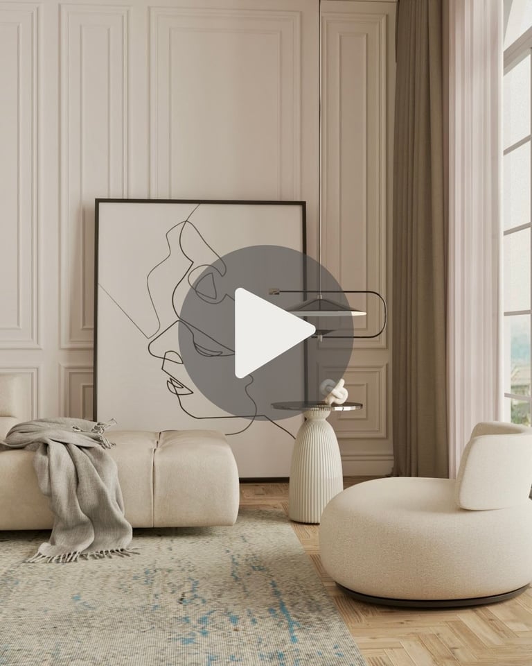 Modern living room with minimalist line art, bouclé armchair, and elegant wall paneling.