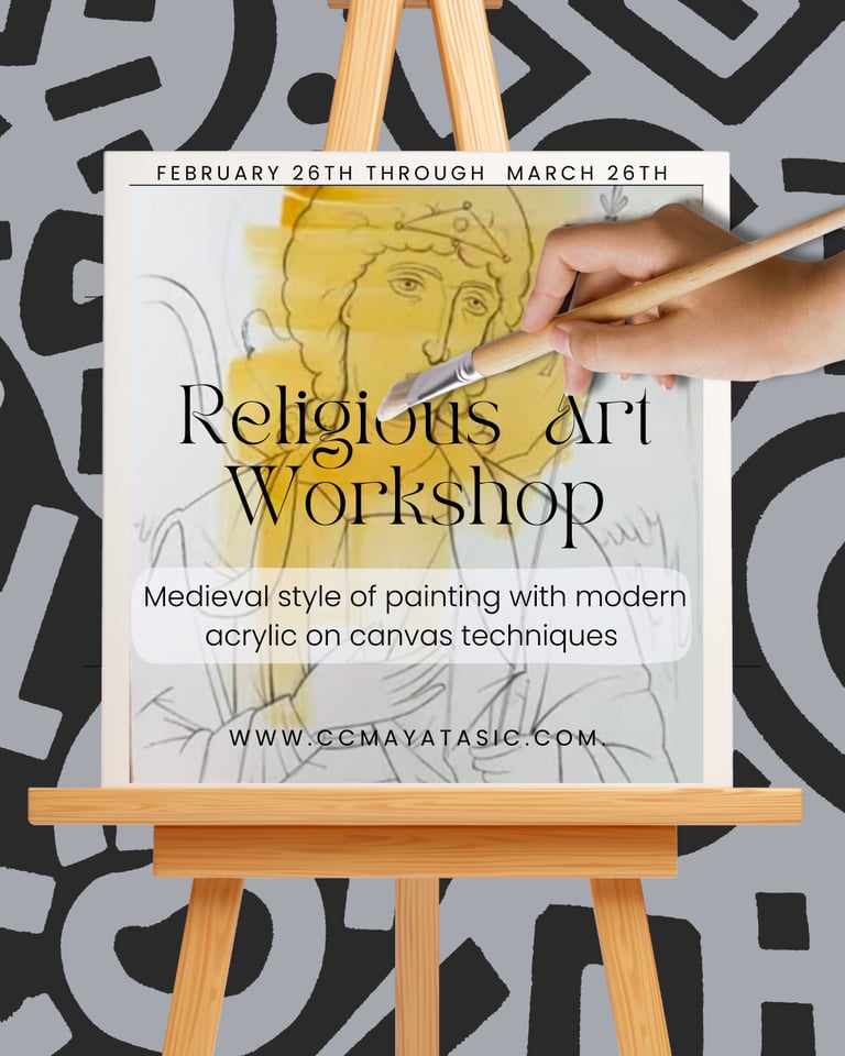 Poster for a religious art workshop featuring medieval style acrylic painting on canvas on an easel.