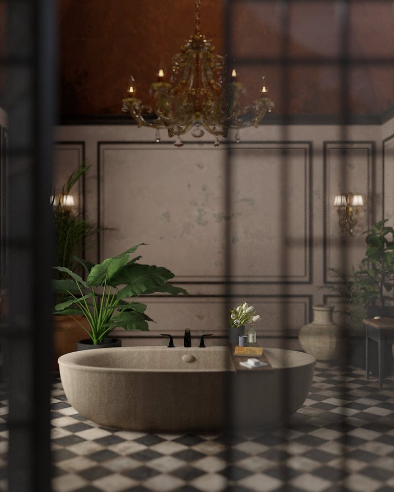 Luxury villa bathroom interior in Dubai with freestanding tub, classical wall, statement chandelier