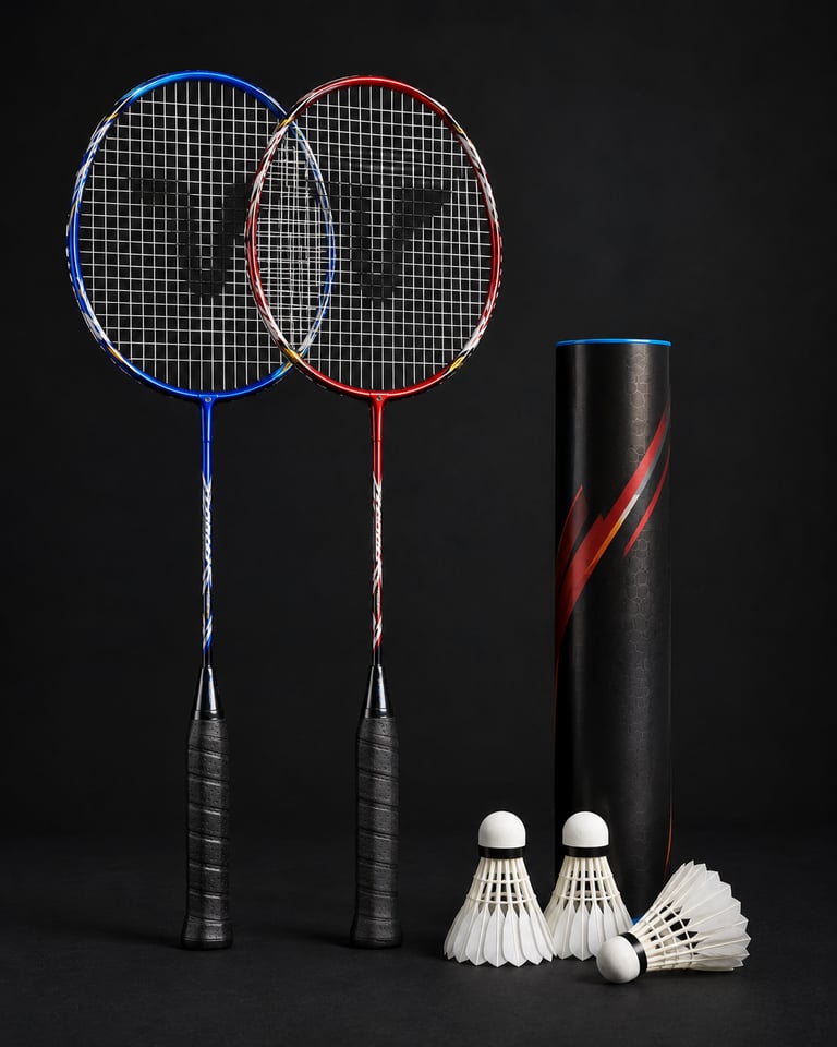 Professional red and blue badminton rackets with white shuttlecocks and a storage tube on a black background.