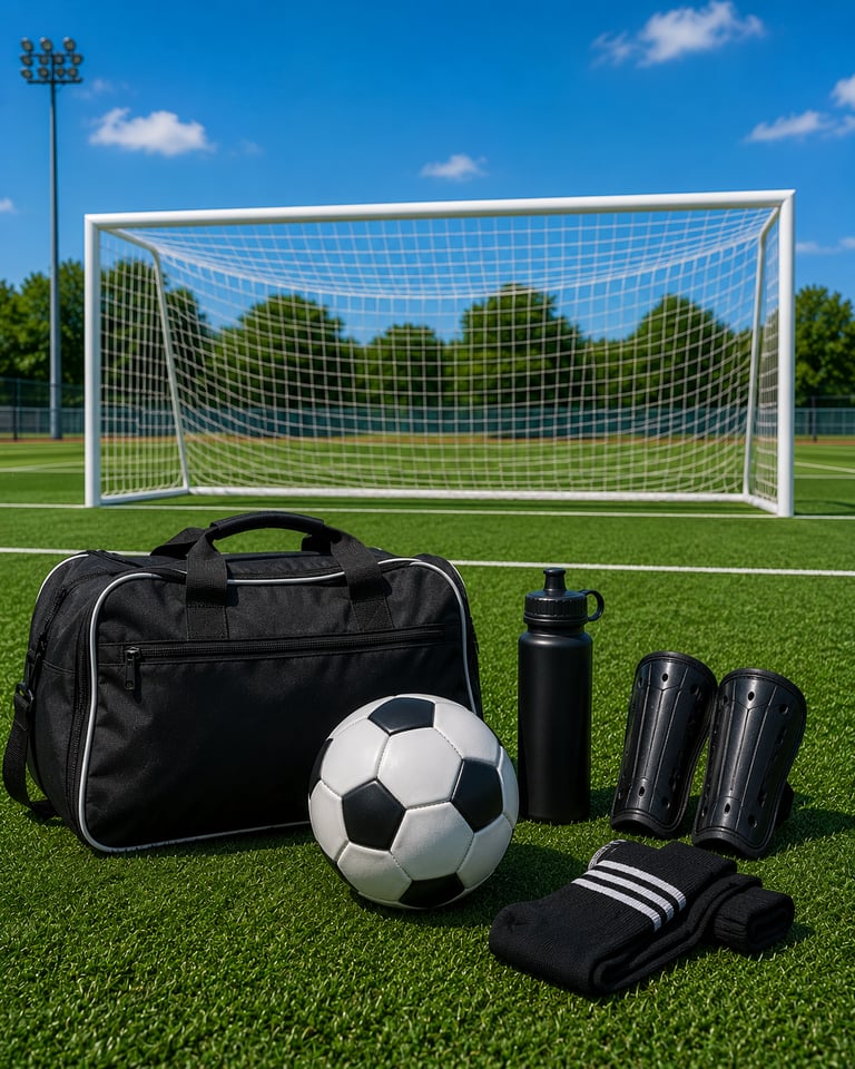Soccer equipment including a ball, gear bag, and shin guards on a green turf field with a goal.