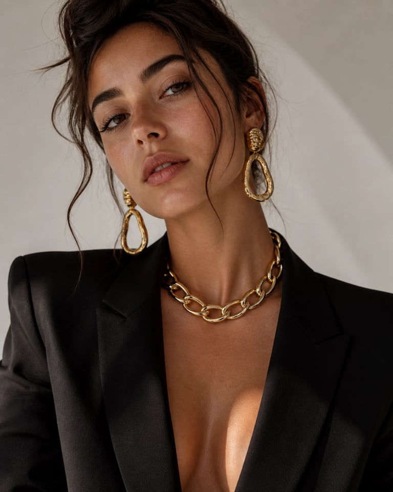 A woman wearing a black blazer and bold gold chain necklace with matching drop earrings.