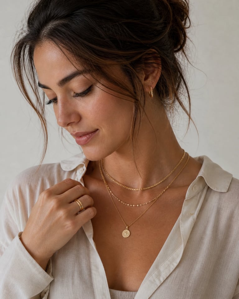A woman wearing a layered gold necklace set, gold hoop earrings, and gold rings.