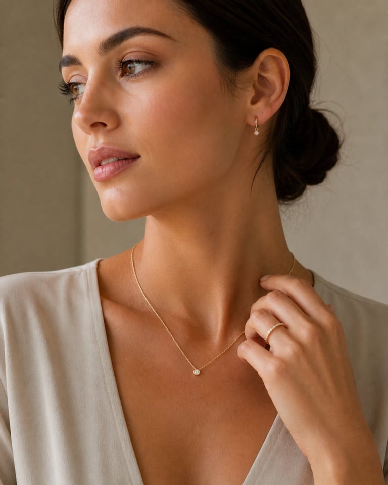 A woman wearing a gold diamond pendant necklace, matching hoop earrings, and a thin gold ring.