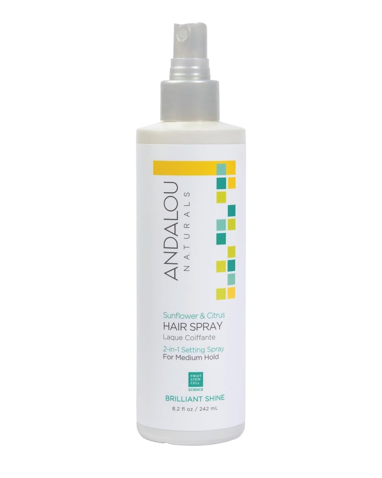 Andalou Naturals Sunflower and Citrus Brilliant Shine Hair Spray for medium hold and hair care.