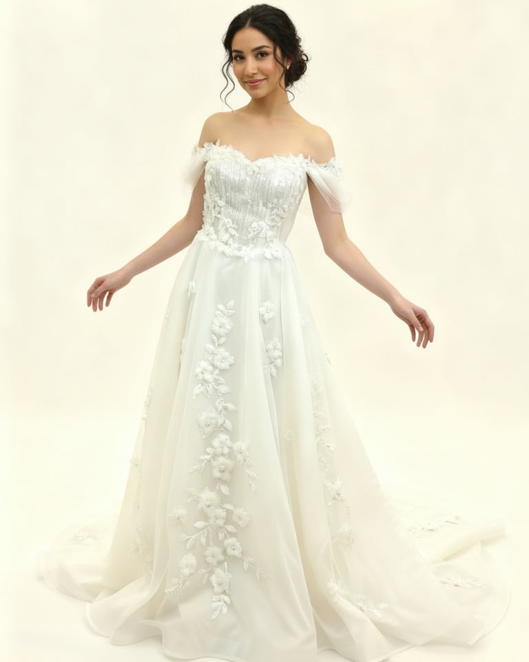 Elegant off-the-shoulder wedding dress with floral lace appliqués and a beaded sweetheart bodice.