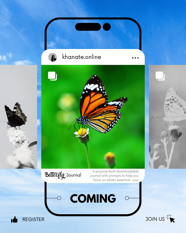 a phone screen showing a butterfly announcing journal coming soon