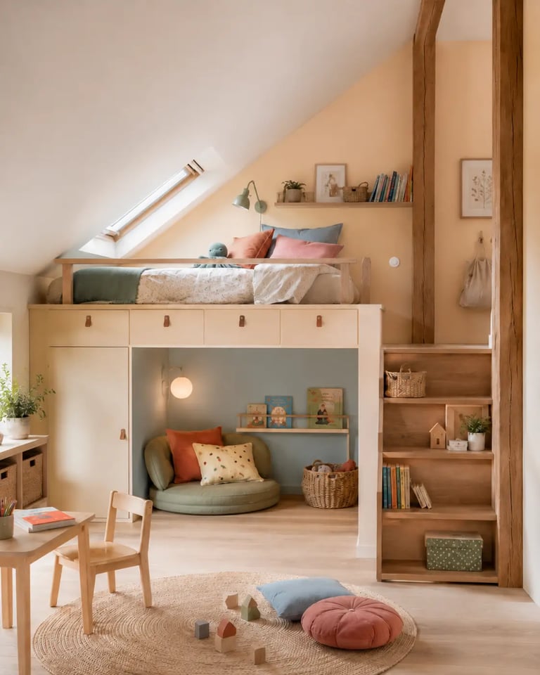 Chambre d'enfant en hauteur, coin lecture et jeux en dessous, ambiance douce et colorée, bleu gris, pêche doux, bois clair