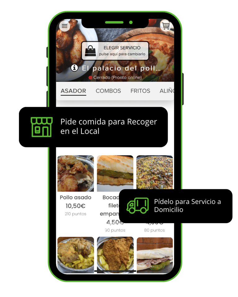 menú del palacio del pollo y la pizza por la app
