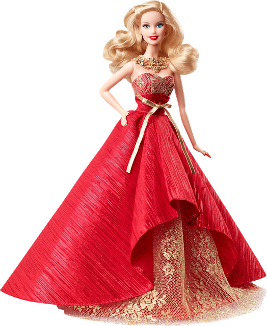 Blonde Barbie doll wearing a glamorous red formal gown with a high-low skirt design, gold lace unde