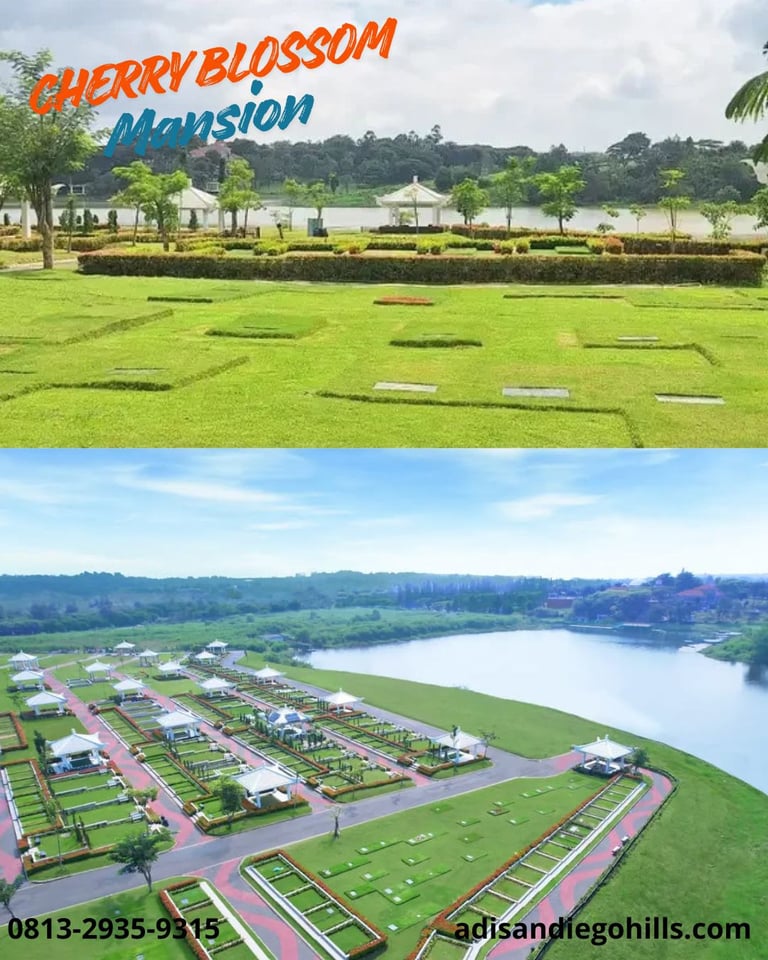 Area Cherry Blossom Mansion San Diego Hills dengan pemandangan danau dan taman hijau luas
