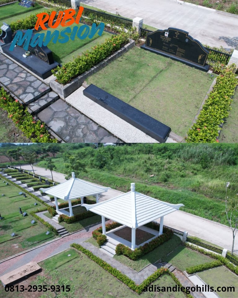 Rubi Mansion San Diego Hills dengan gazebo dan taman tertata rapi, area pemakaman premium diKarawang
