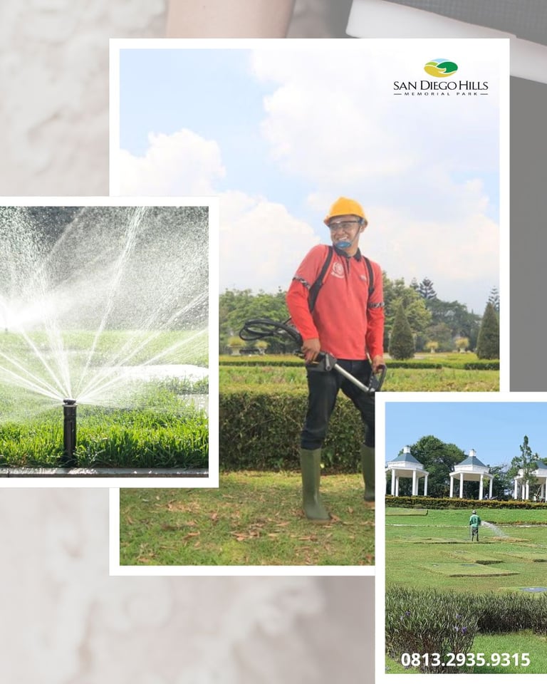 Petugas lanskap sedang merapikan rumput di pemakaman San Diego Hills Memorial Park Karawang sebagai