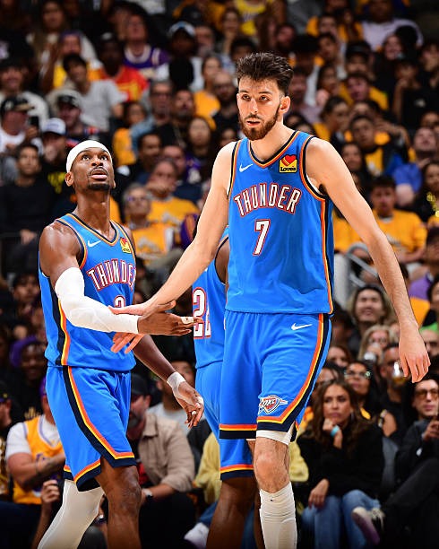 SGA and Chet Holmgren of the OKC Thunder during a playoff game against the Los Angeles Lakers (May 11, 2026)