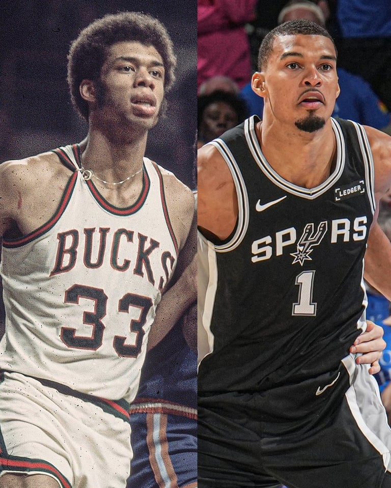 Kareem Abdul-Jabbar (left) as a Milwaukee Buck, and Victor Wembanyama (right) of the San Antonio Spurs, pictured on 5/18/26