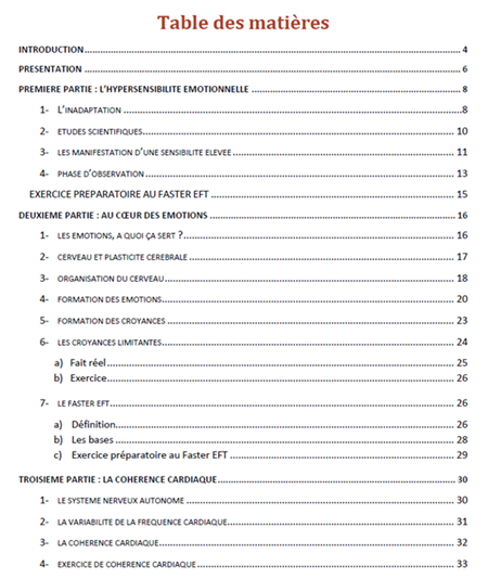 début de la table des matières de l'ebook de développement personnel sur la gestion des émotions