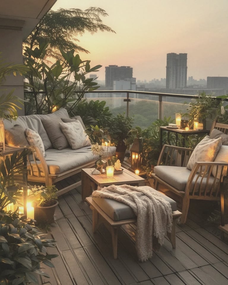 stylish balcony living space with warm ambient lighting, greenery, and sunset skyline views