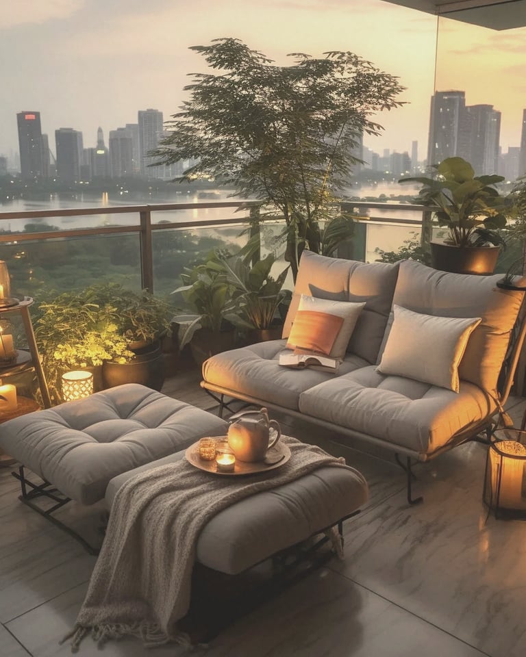elevated city balcony with cozy outdoor lounge furniture and golden evening light