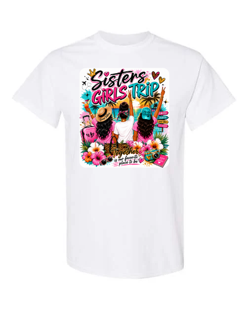 White Sisters Girls Trip t-shirt featuring three women at a tropical beach sunset with hibiscus flowers.