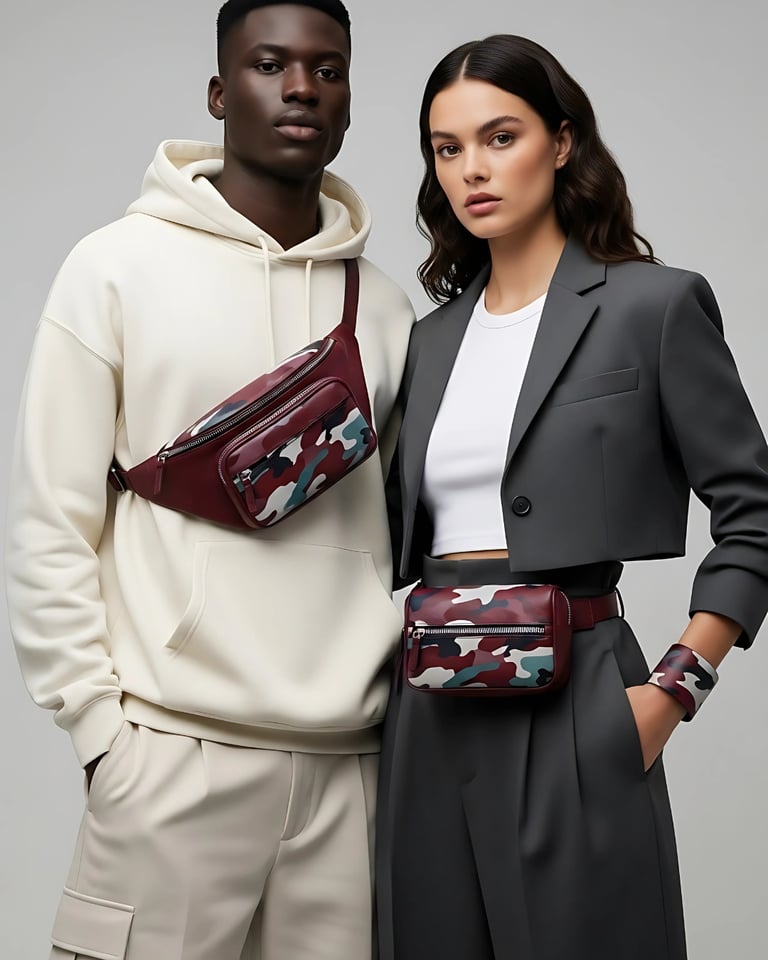 Contemporary photo of an interracial male and female couple in studio  wearing premium clean fashion