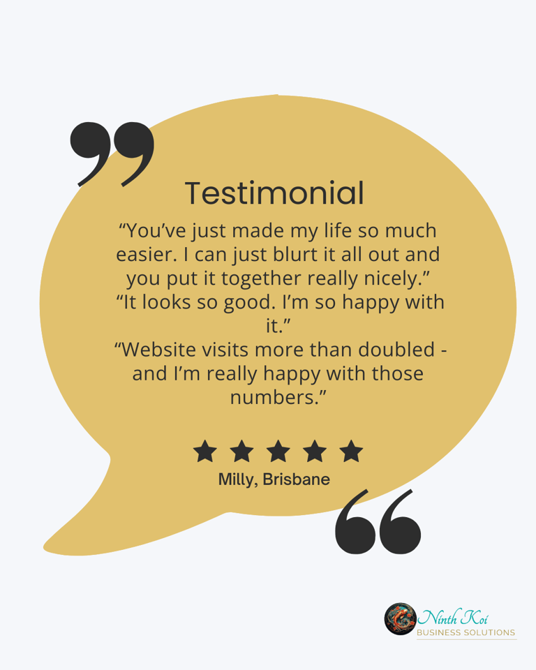 Testimonial from Milly, Brisbane about her small business website results with Ninth Koi