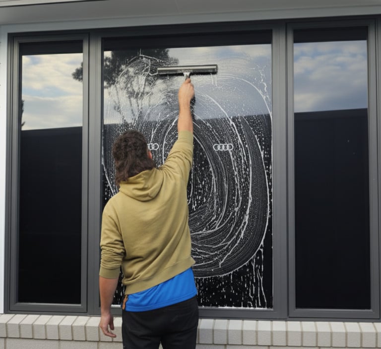 a man is standing in front of a window with a squeegee
