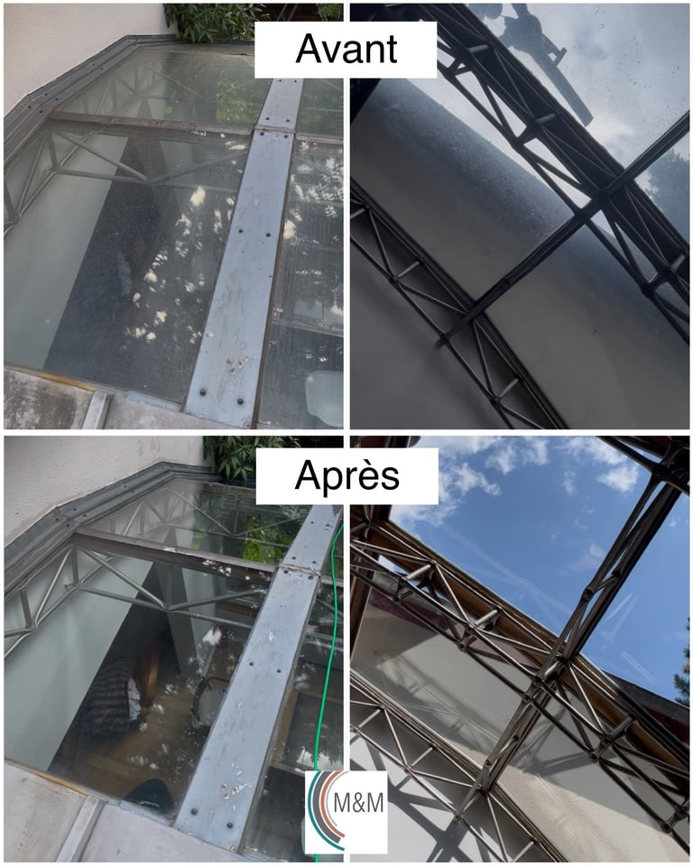 Avant après nettoyage remise en état d'une verrière difficile d'accès - m&m services pro rouen