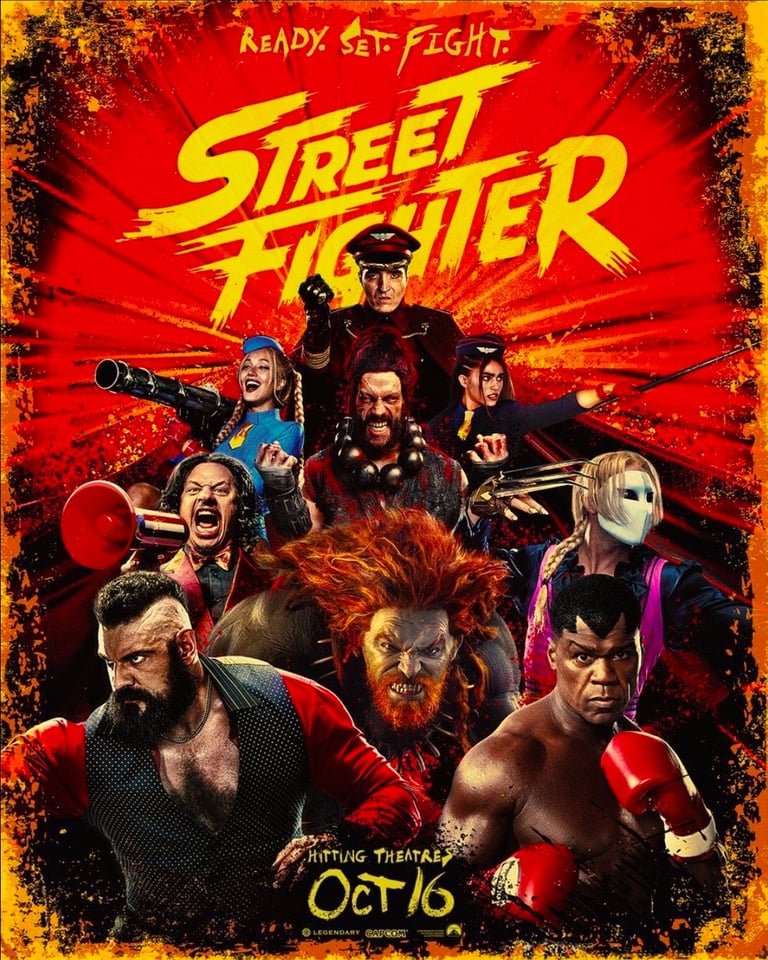 Street Fighter movie poster featuring a cast of iconic video game characters on a gritty red background.