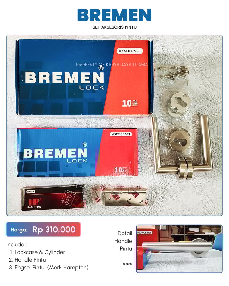 Set handle pintu, engsel, lock case merk Bremen