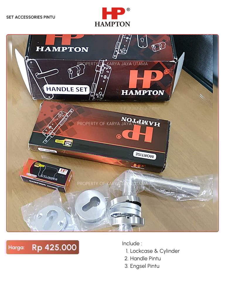 Set handle pintu, engsel, lock case merk Hampton
