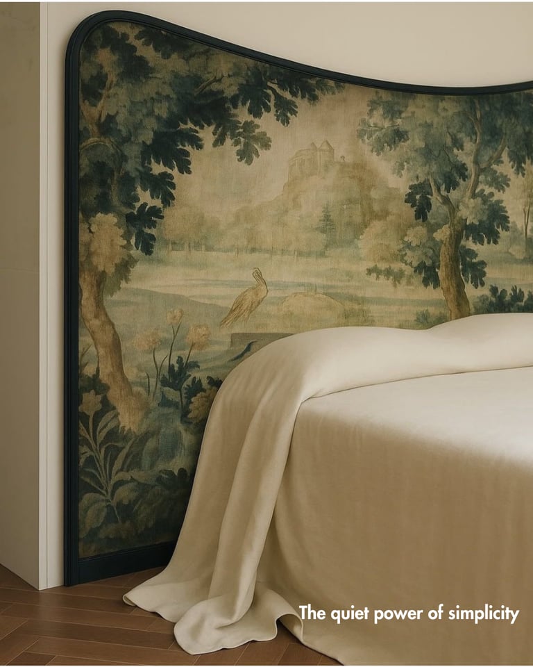 Elegant upholstered headboard featuring a vintage landscape tapestry with trees and a castle.