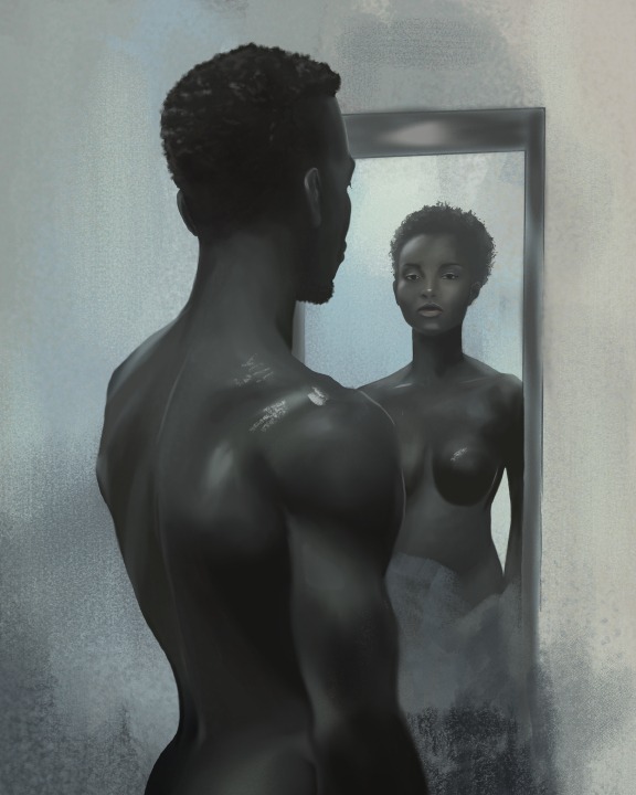 Digital painting of a man in front of a mirror