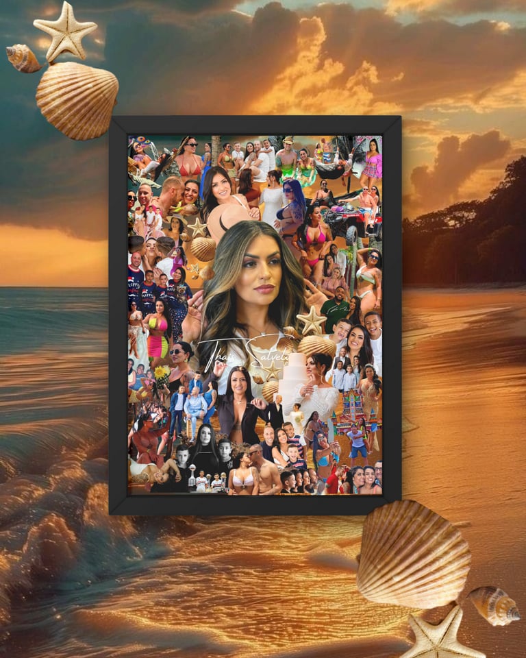 a picture of a woman in a picture frame with the sea in back