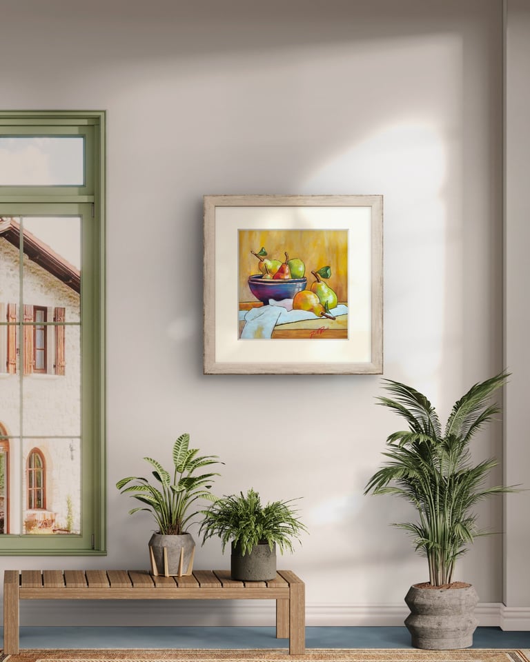 a painting of a bowl of fruit on a table